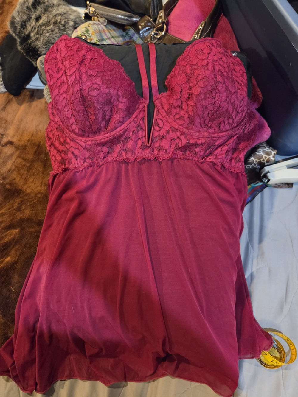 Lace-Trim Burgundy Chemise Nightgown with Sheer Skirt